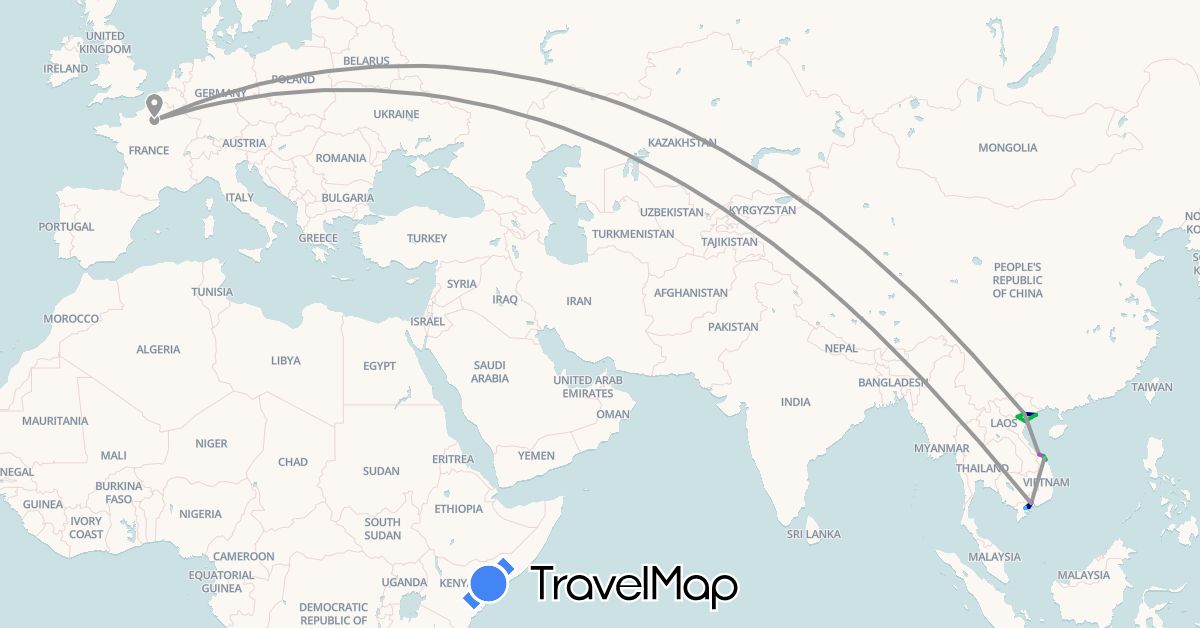 TravelMap itinerary: driving, bus, plane, train, boat in France, Vietnam (Asia, Europe)